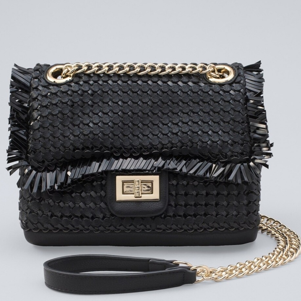 Black faux leather convertible weave bag